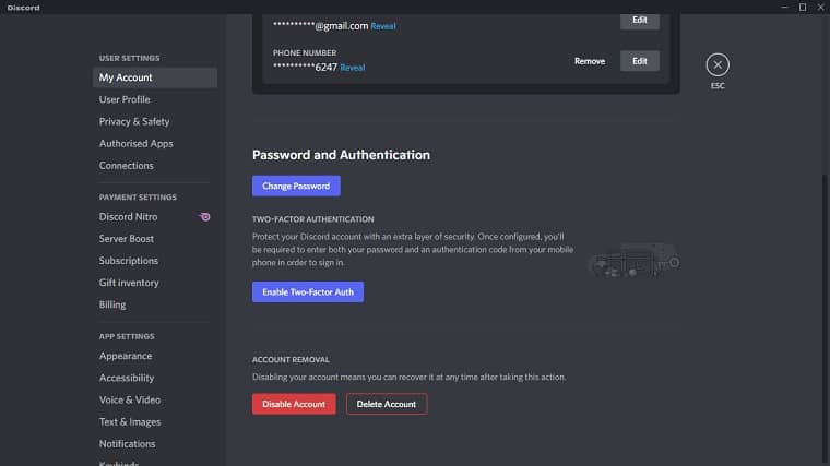 Discord Portable Account settings