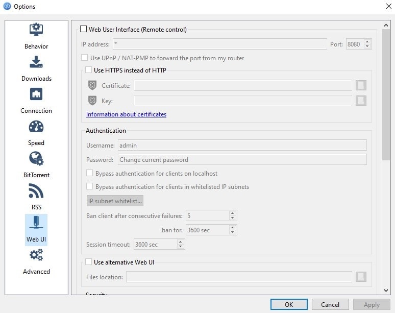 qBittorrent Web UI Settings