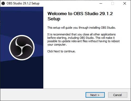 Click next to start installing OBS Studio