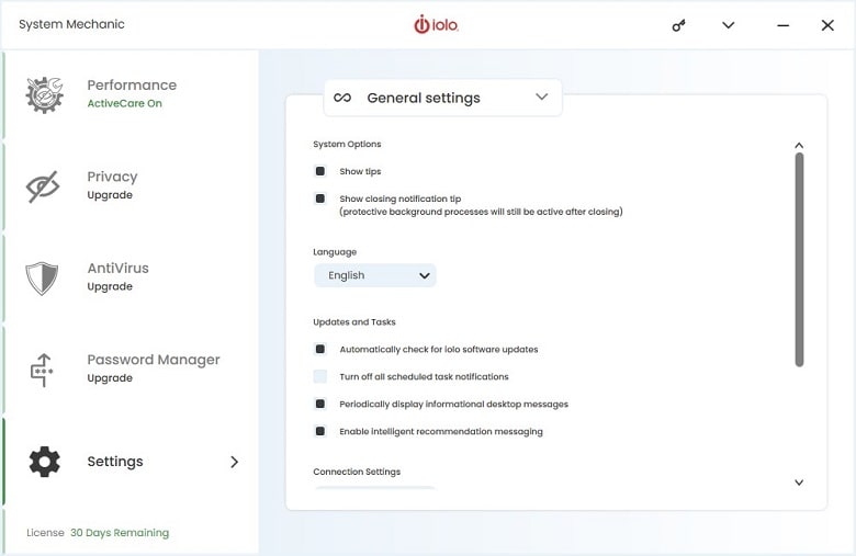 Iolo System Mechanic General Settings