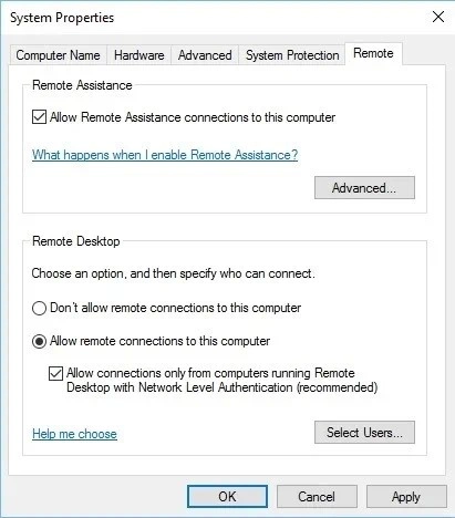 Allow remote connections to this computer