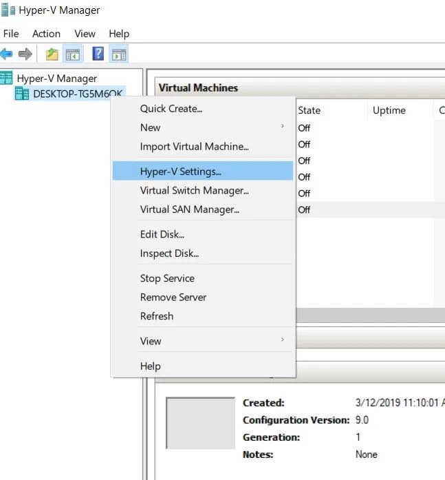 Click on the Hyper-V settings