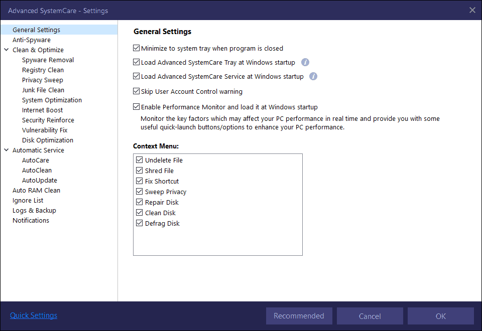 IObit Advanced SystemCare PRO General settings