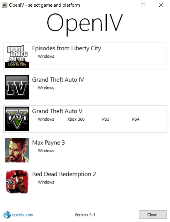 OpenIV - Select Game and Platform