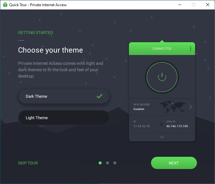 Choose your theme between Light and Dark for Private Internet Access