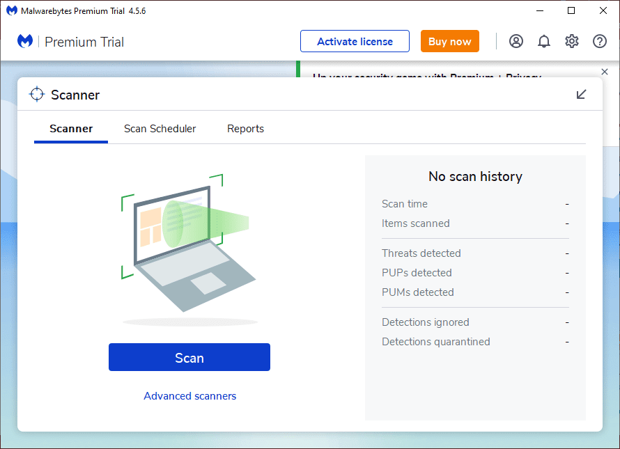 Start your scan with Malwarebytes