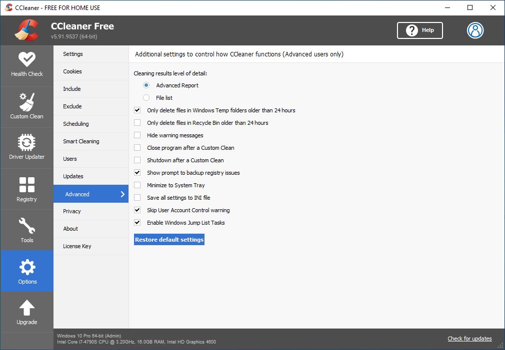 Advanced options in CCleaner