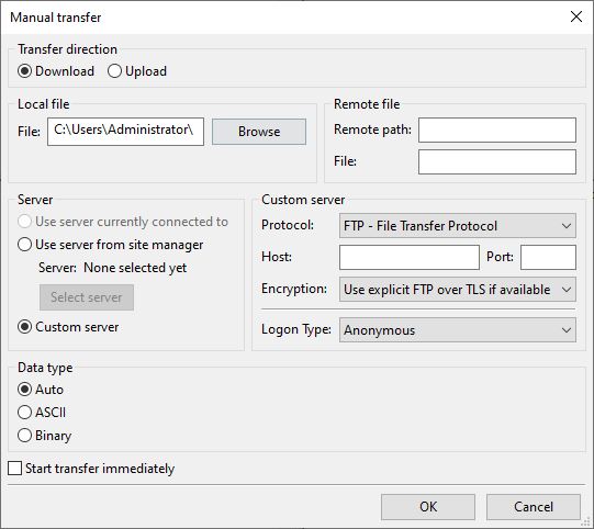 FileZilla manual file transfer options