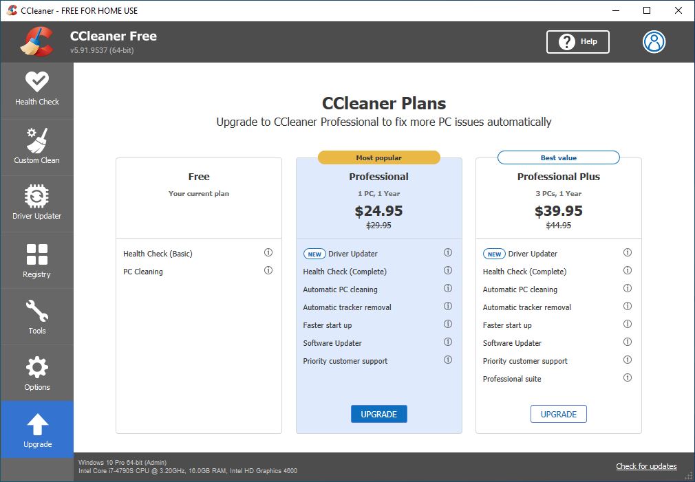 Upgrade CCleaner pro from CCleaner Free