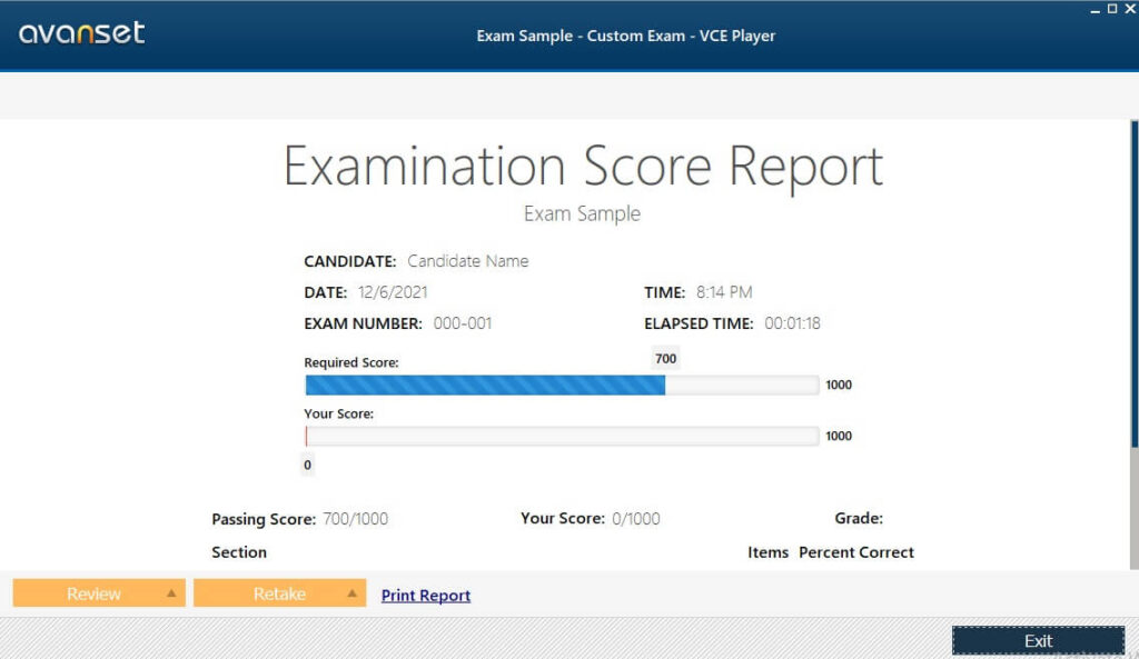 VCE Exam Stimulator Examination Score Report