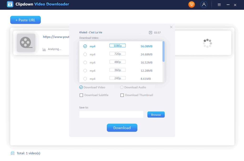 Select file format and resolution in Clipdown Video Downloader