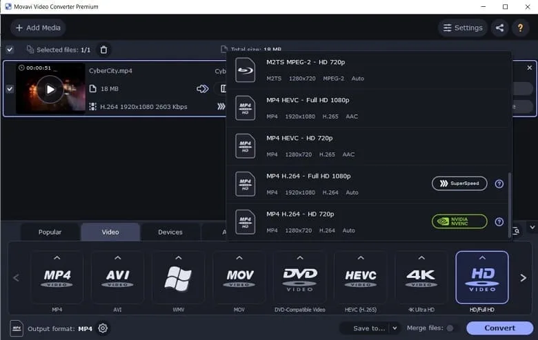 Movavi Video Converter panel