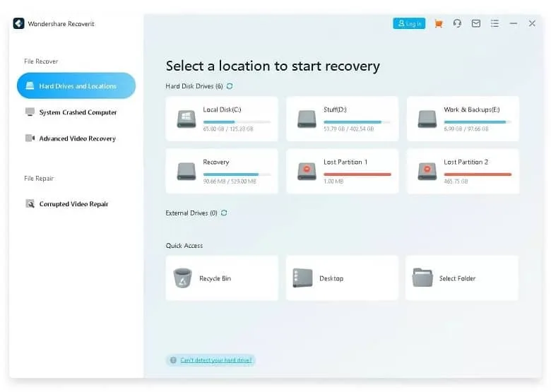 Select a location to start recovery