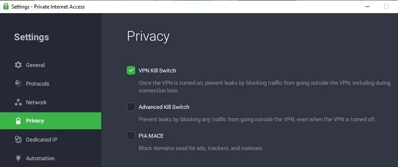 PIA VPN Kill switch enabled