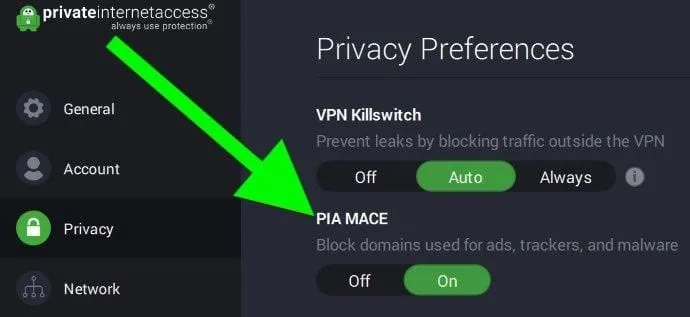 PIA VPN mace ad-blocker