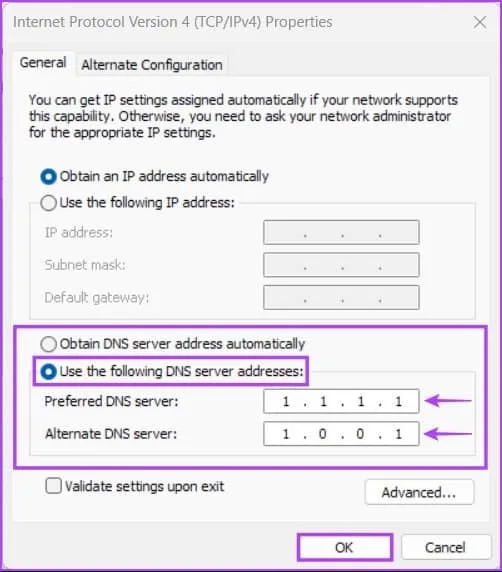 Chose Use the following DNS server address and add the values