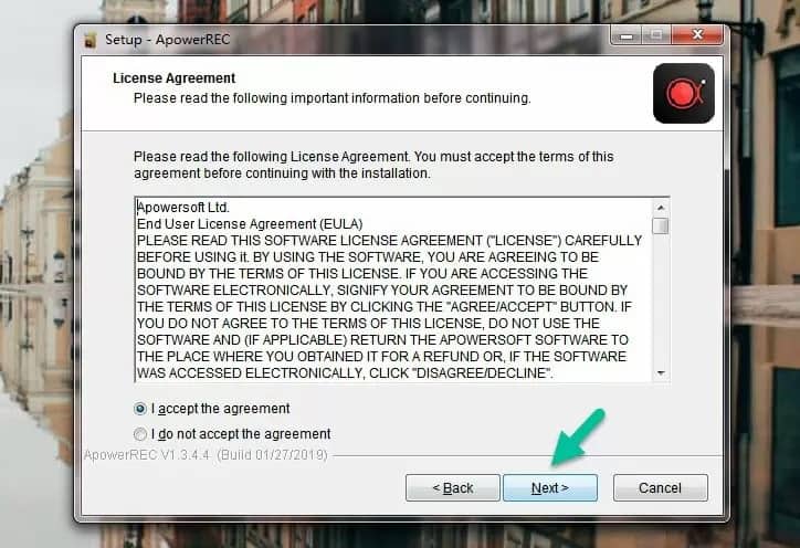 Accept the agreement and click on next