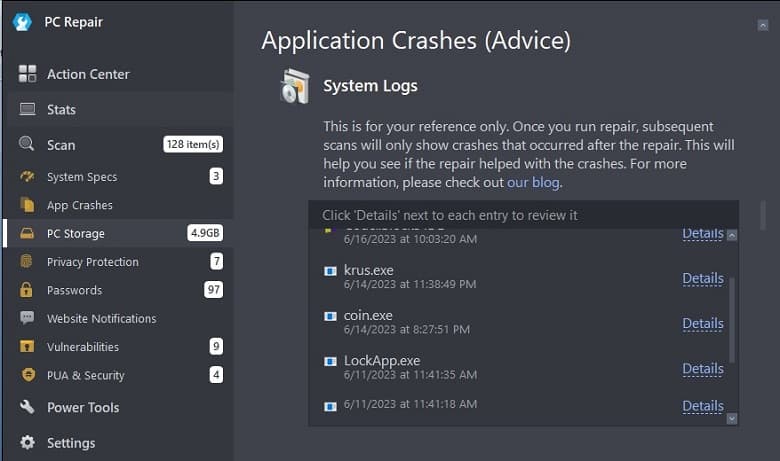 Application crashes feature