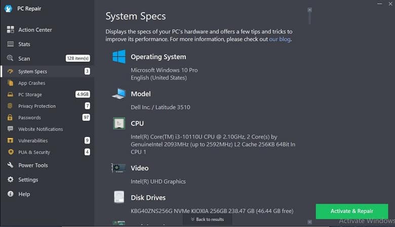 System Specifications feature